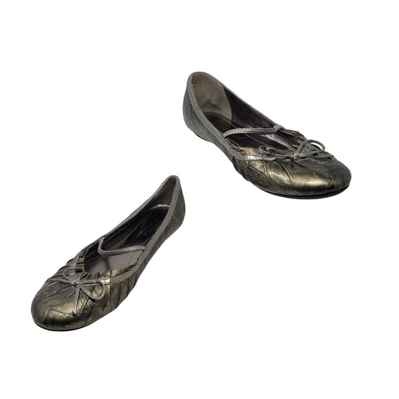 Reaction Womens Vegan Metallic Ballet Flats Sz 6 Pleated Bow Pewter Fairy Goth - Picture 1 of 11